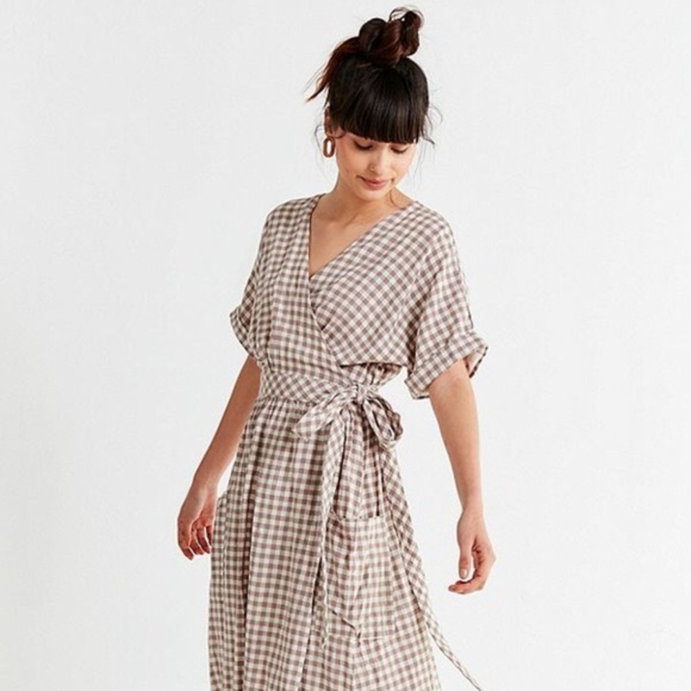 UO Gingham Plaid Midi Wrap Dress